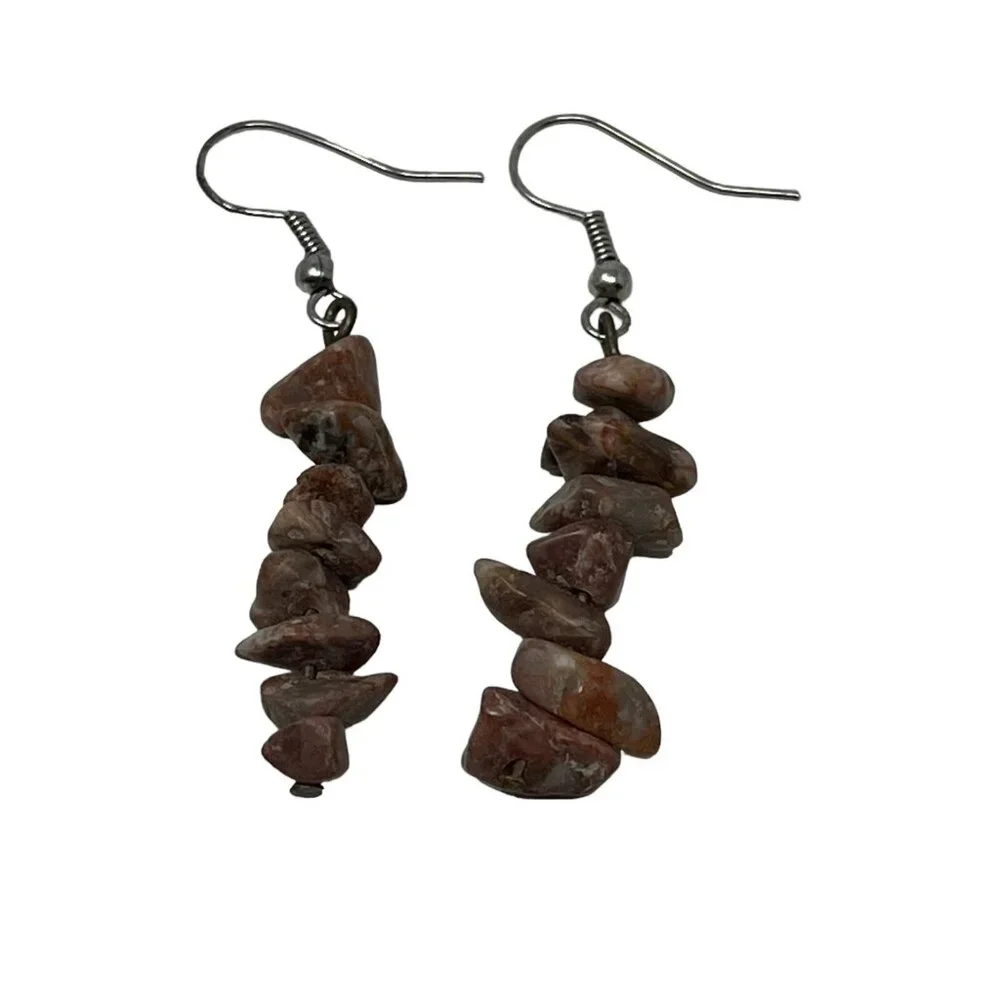 Vintage Pierced Earrings Brown Stone Chip Dangle Drop‎ Wire